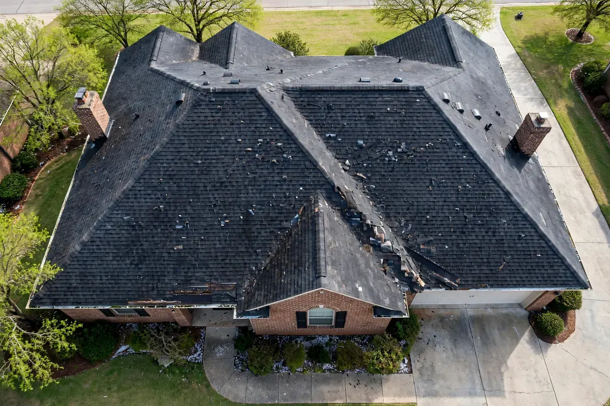 Aging roof with curling shingles and algae streaks before replacement in Spring, TX
