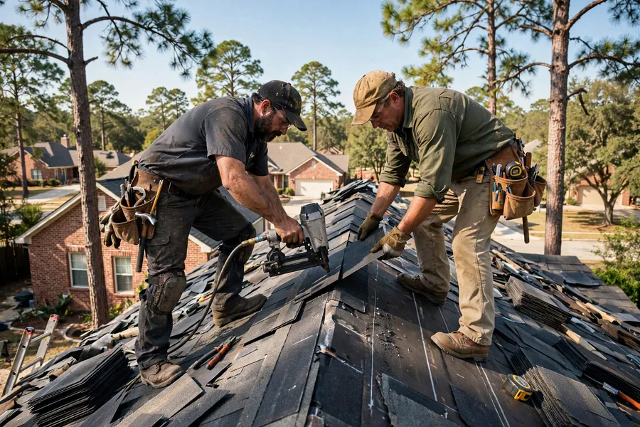 Two roofers installing architectural shingles on a Spring, Texas home