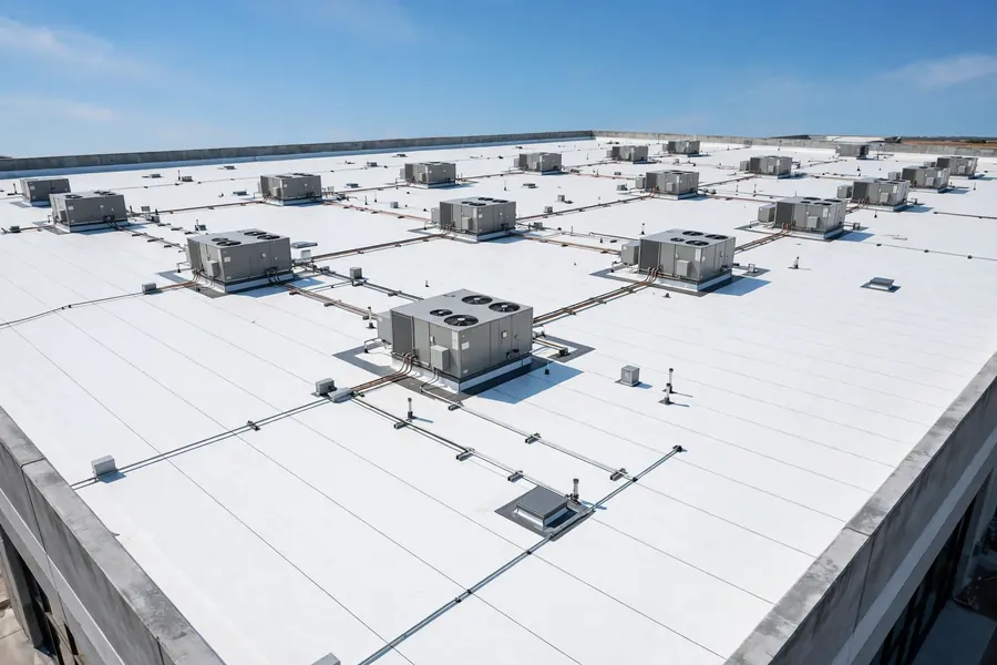 New white membrane roof on a commercial building