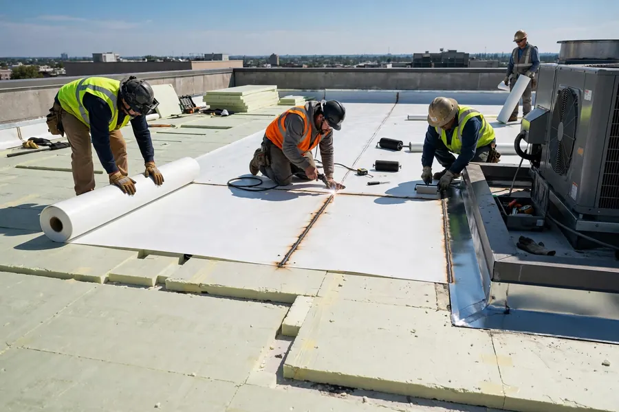 Membrane, insulation, and flashing