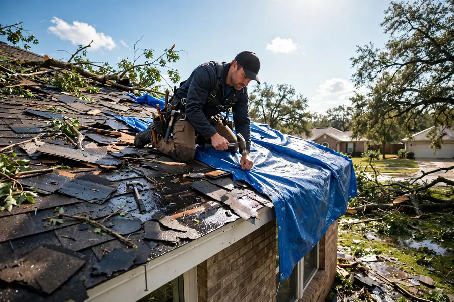 Roofer securing an emergency tarp on a storm-damaged roof