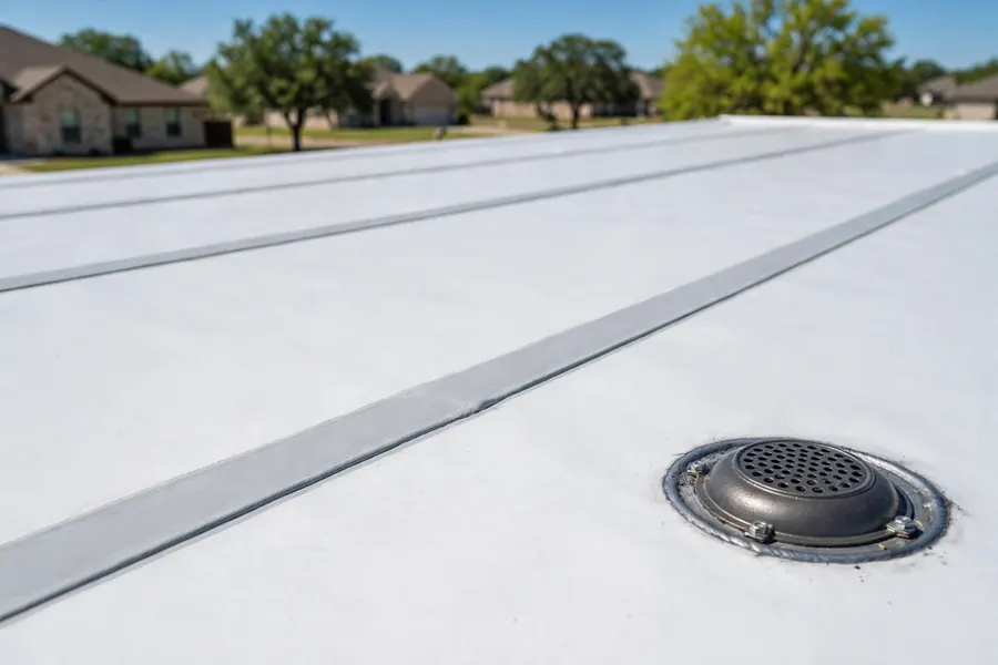 Newly installed flat roof membrane with sealed seams