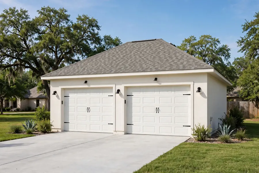 Detached garage with a new asphalt shingle roof