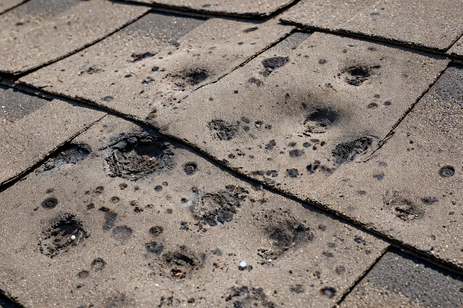 Close-up of hail-damaged asphalt shingles during inspection