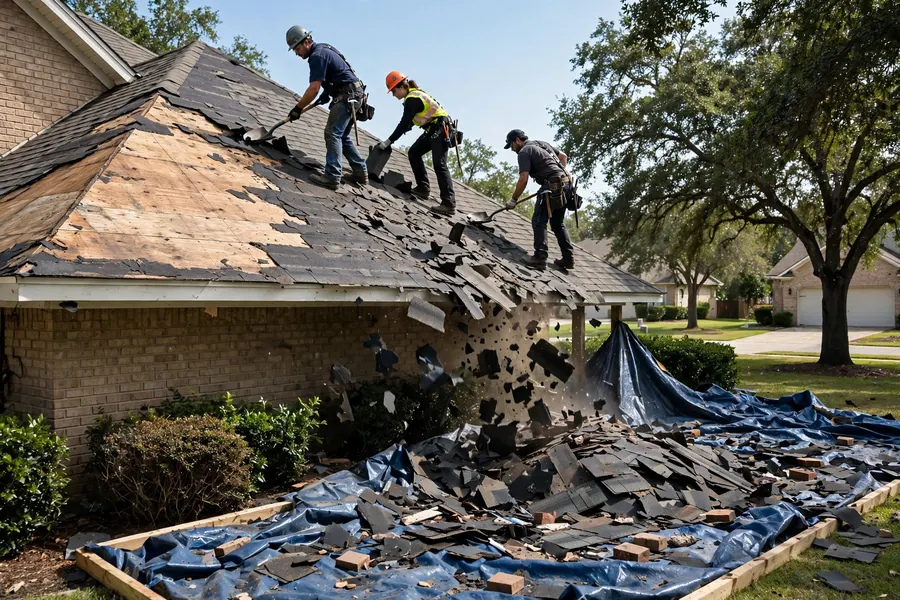Roofing crew tearing off old shingles