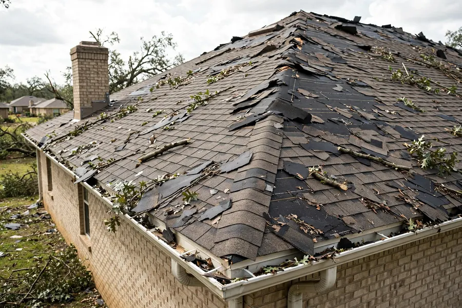 Storm-damaged residential roof with missing shingles