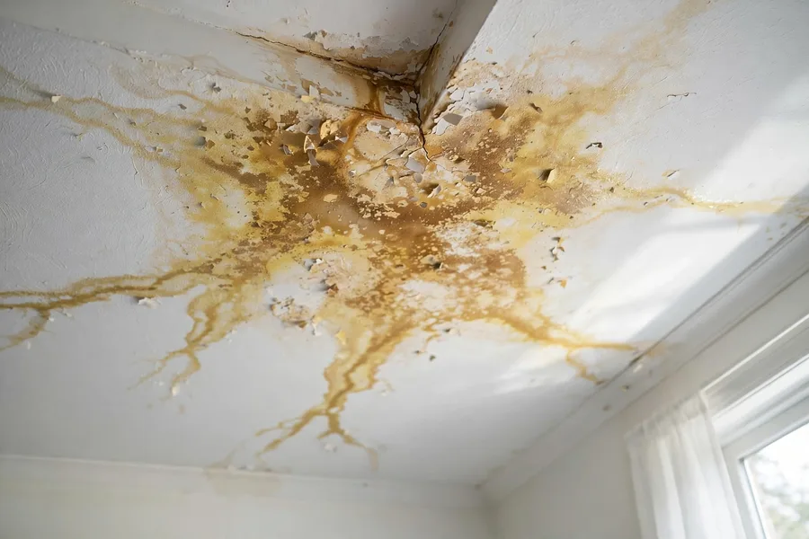 Brown water stain spreading across a living room ceiling from a roof leak