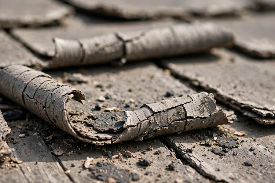 Close-up of curled and cracked asphalt shingles, a sign you need roof replacement in Spring, TX