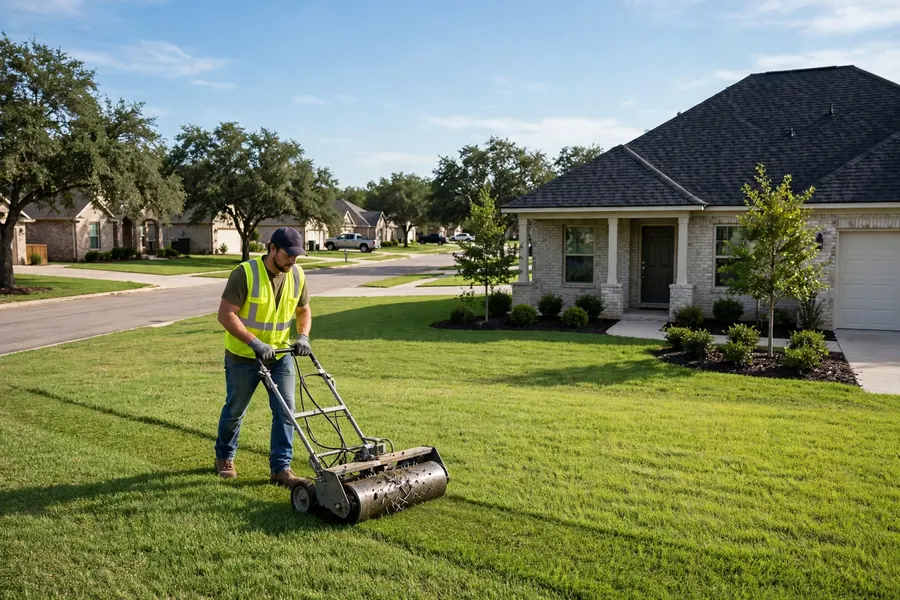 Worker magnetic-sweeping nails from a lawn after a roof replacement in Spring, TX