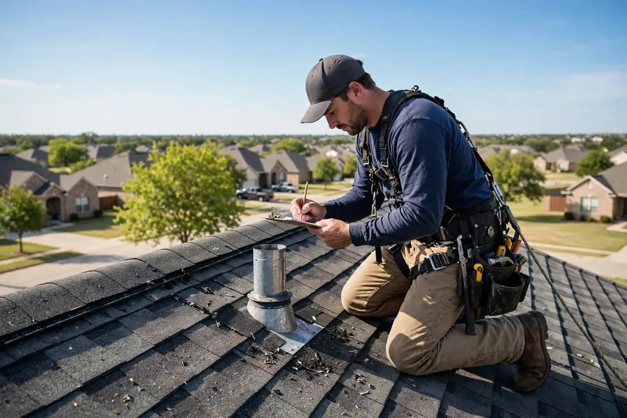 Roofing technician inspecting asphalt shingles near a vent flashing in Spring, TX