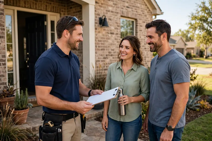 Roofing contractor reviewing a written quote with Spring, TX homeowners