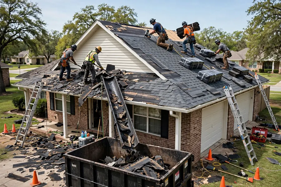 Roofing crew tearing off old shingles and installing a new roof in Spring, TX