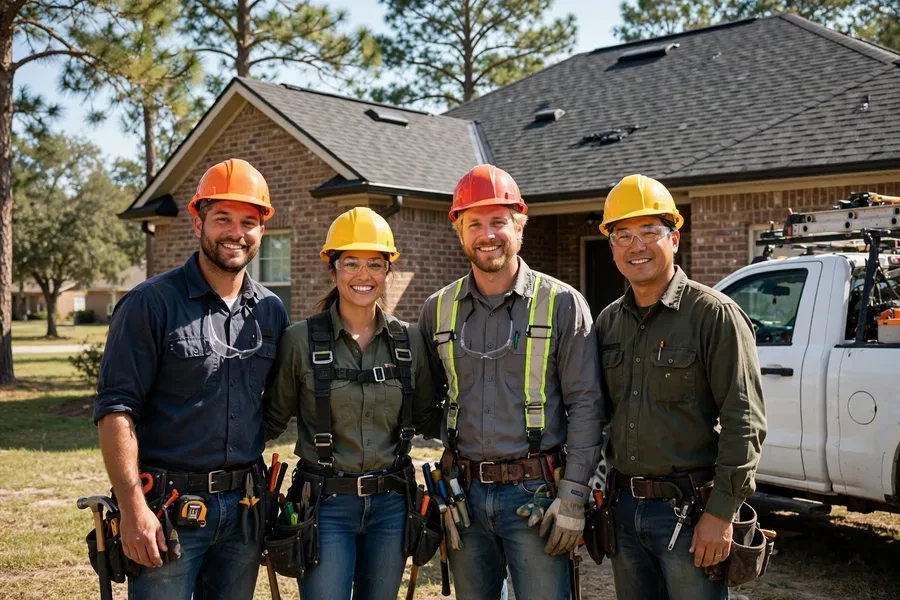 Roofing crew in front of a Spring, Texas home with a newly replaced shingle roof