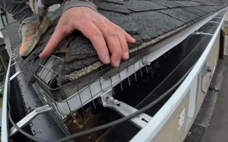 Roofer inspecting worn asphalt shingles up close during a roof inspection in Spring, TX